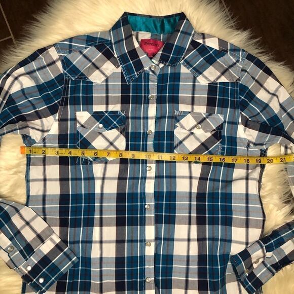 Patrona USA turquoise/navy plaid pearl snap sz LG - Picture 4 of 5